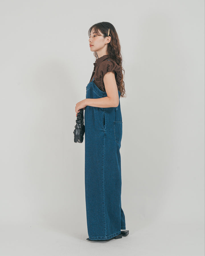 ［SET］接触冷感 10ozデニムオールインワン + バルーンスリーブサッカーシャツ（2SET）