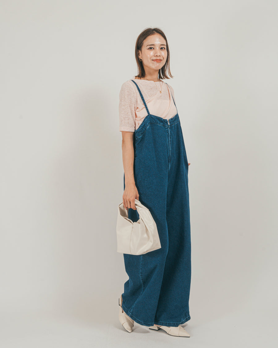 ［SET］接触冷感 10ozデニムオールインワン + カットレース ドレープTee（2SET）