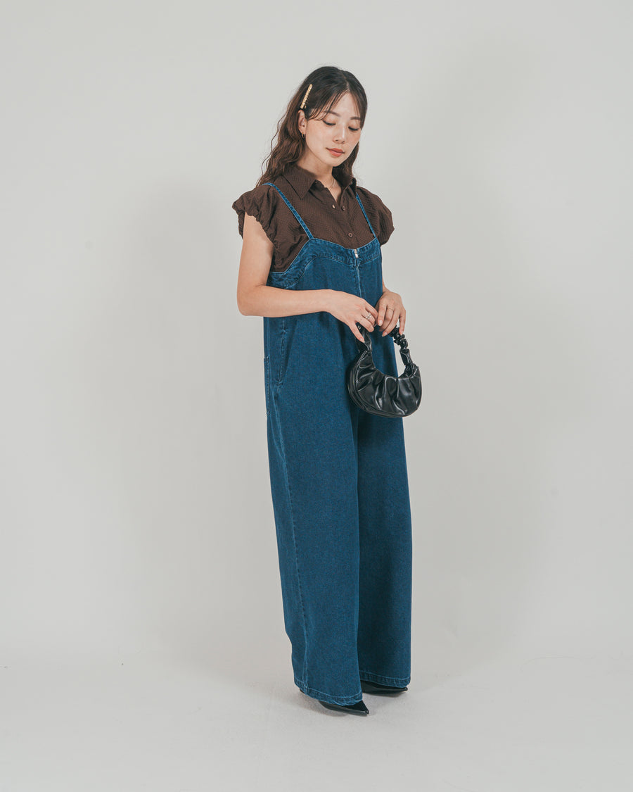 ［SET］接触冷感 10ozデニムオールインワン + バルーンスリーブサッカーシャツ（2SET）