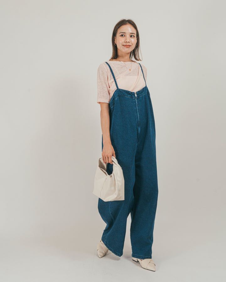 ［SET］接触冷感 10ozデニムオールインワン + カットレース ドレープTee（2SET）