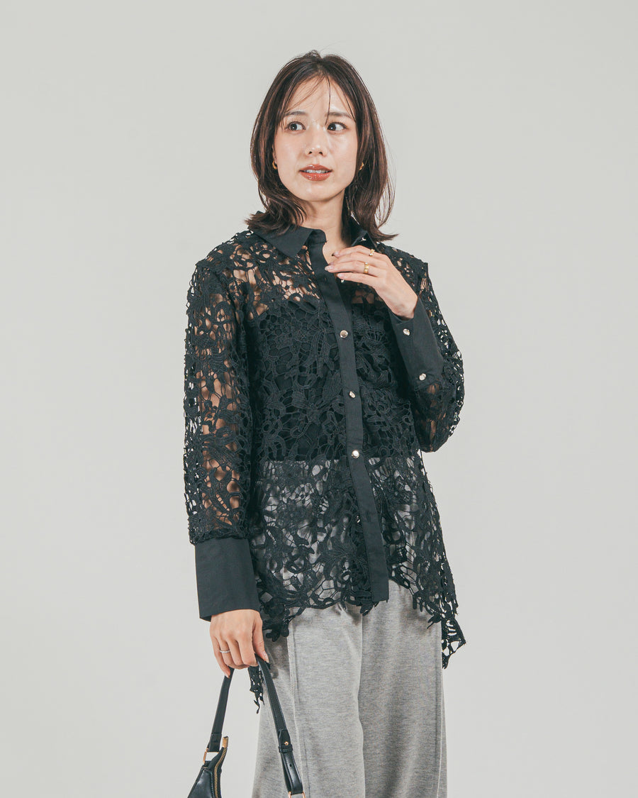 ［SET］コントラストレース デザインシャツ + 2-Way ウェーブデザインスウェットパンツ（2SET）