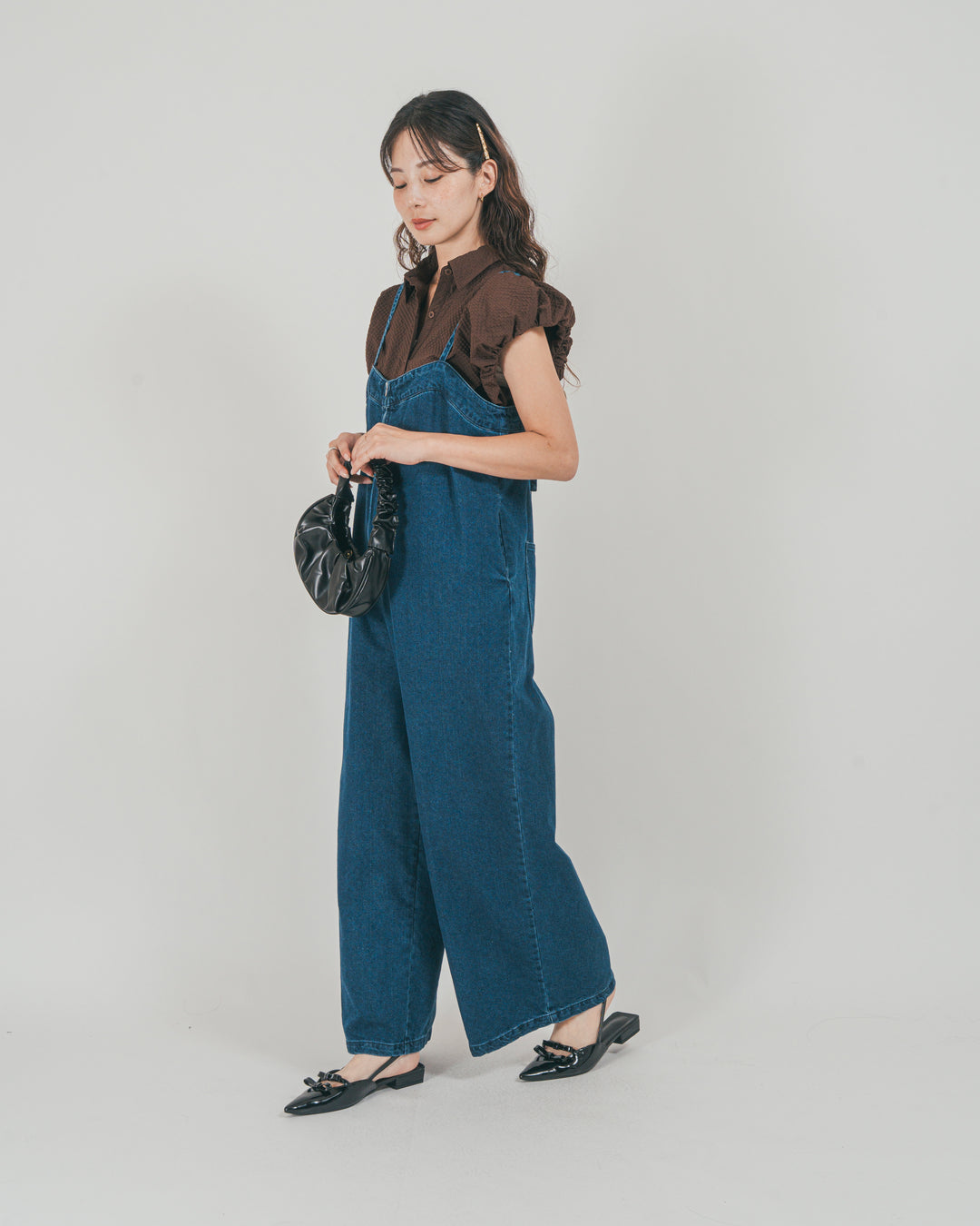 ［SET］接触冷感 10ozデニムオールインワン + バルーンスリーブサッカーシャツ（2SET）