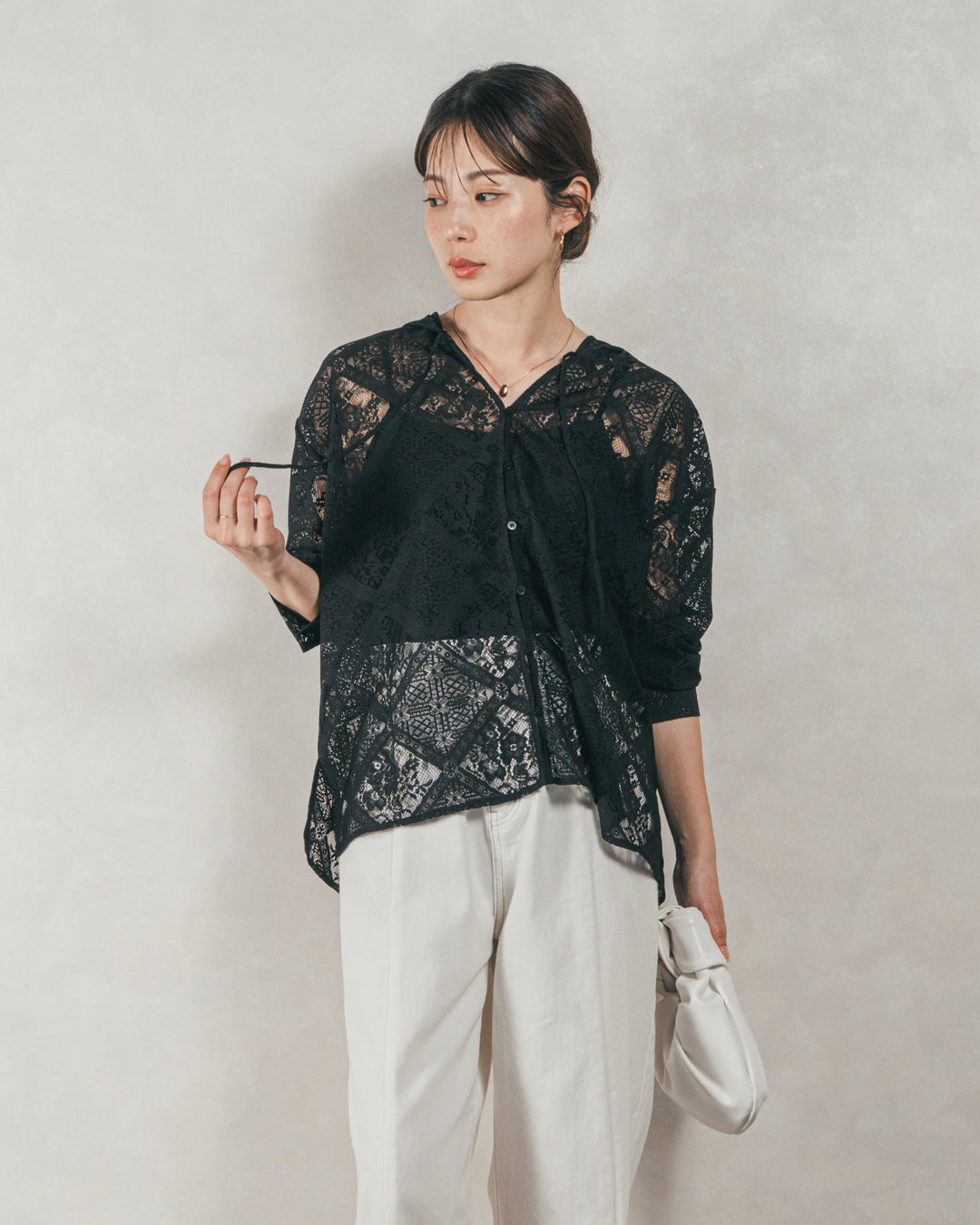 ［SET］Blockレース　フーディーブラウス + 10oz ニュアンスバイカラー リラックスワイドデニム（2SET）