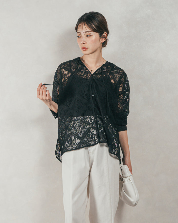 ［SET］Blockレース　フーディーブラウス + 10oz ニュアンスバイカラー リラックスワイドデニム（2SET）