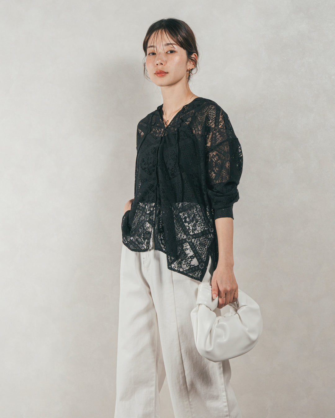 ［SET］Blockレース　フーディーブラウス + 10oz ニュアンスバイカラー リラックスワイドデニム（2SET）