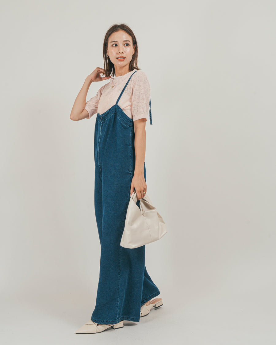 ［SET］接触冷感 10ozデニムオールインワン + カットレース ドレープTee（2SET）