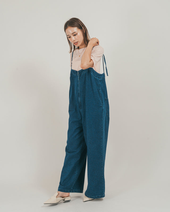 ［SET］接触冷感 10ozデニムオールインワン + カットレース ドレープTee（2SET）