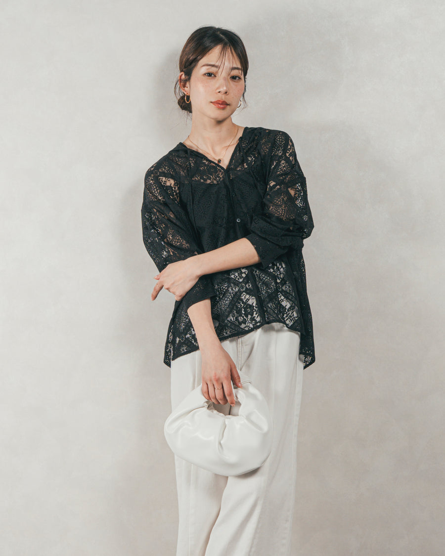 ［SET］Blockレース　フーディーブラウス +Vintageサテン　ハーフパンツ + 10oz ニュアンスバイカラー リラックスワイドデニム（3SET）