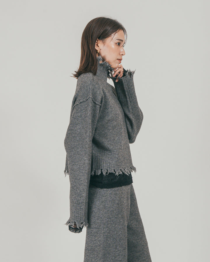 ［SET］Nuance Hem ハイネックニット + Nuance Hem ルーズニットパンツ + ストレッチレースシアートップス（3SET）