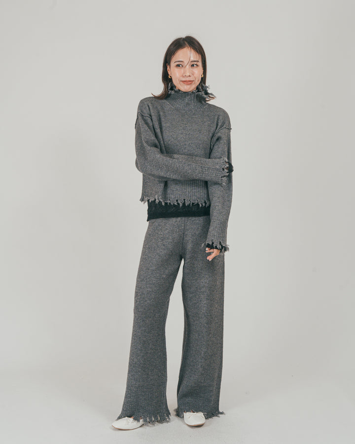 ［SET］Nuance Hem ハイネックニット + Nuance Hem ルーズニットパンツ + ストレッチレースシアートップス（3SET）