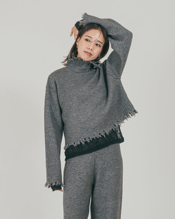 ［SET］Nuance Hem ハイネックニット + Nuance Hem ルーズニットパンツ + ストレッチレースシアートップス（3SET）