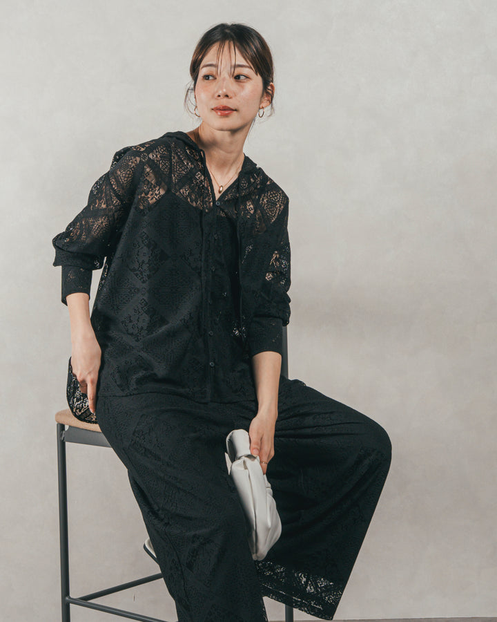 ［SET］Blockレース フーディーブラウス + Blockレース ストレートパンツ（2SET）