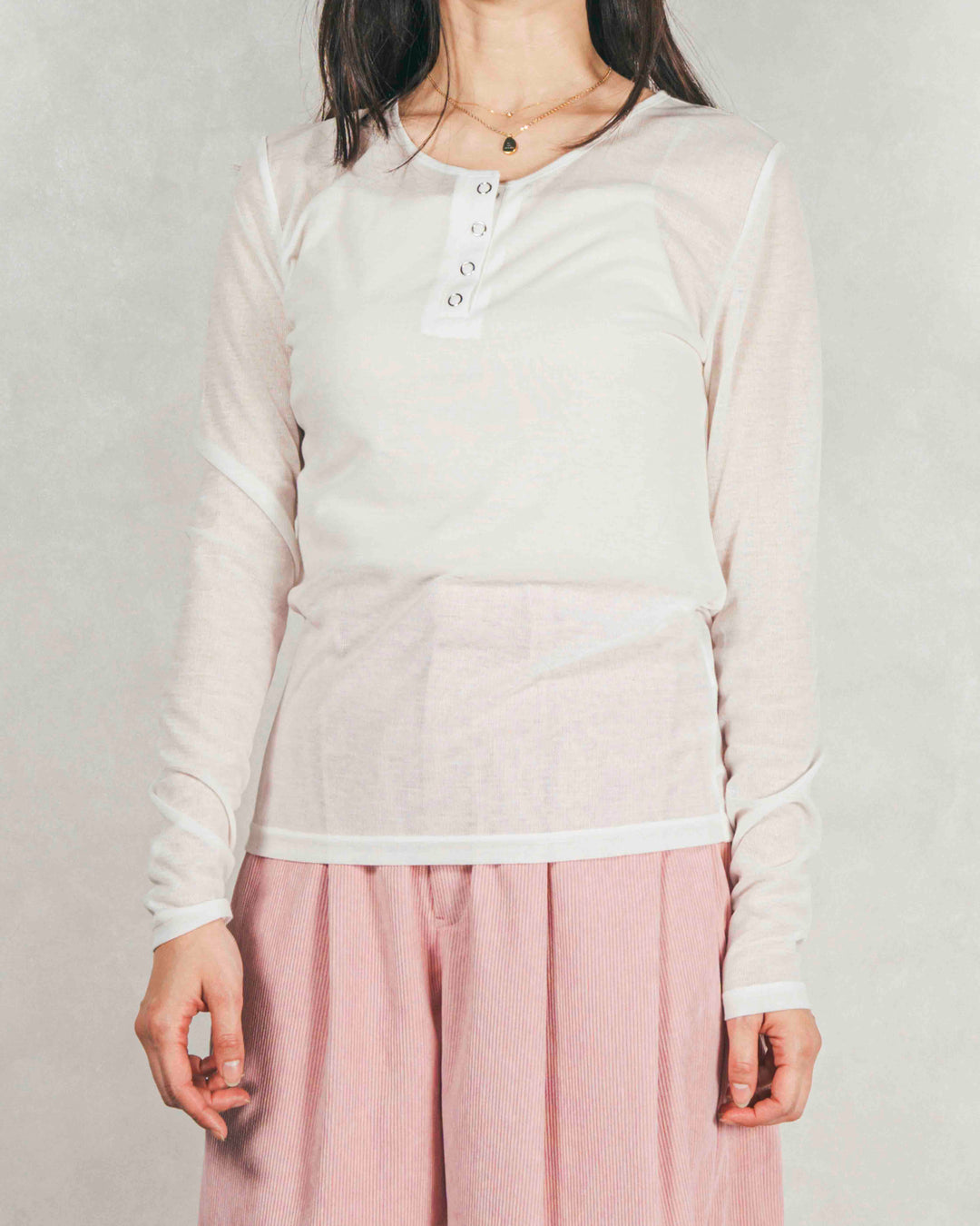 Sheerリブヘンリーネックトップス (WHITE)