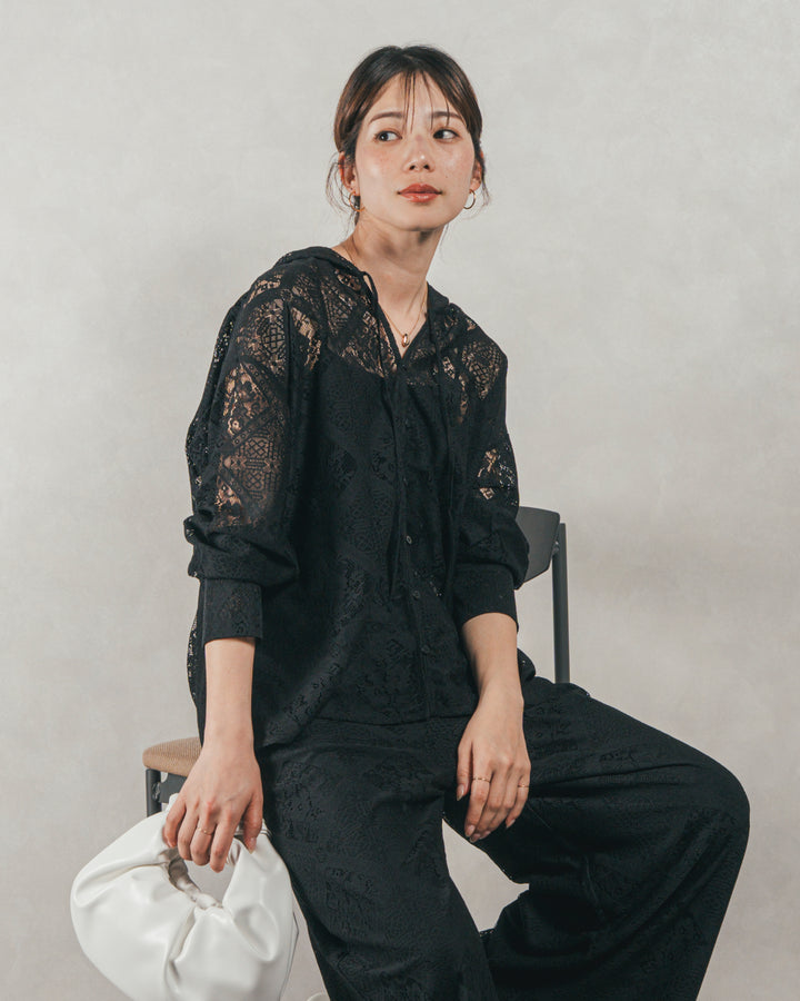［SET］Blockレース　フーディーブラウス + Blockレース　ストレートパンツ + デニムライク へリンボーンサロペット（3SET）