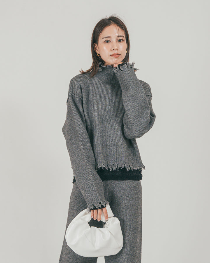 ［SET］Nuance Hem ハイネックニット + Nuance Hem ルーズニットパンツ + ストレッチレースシアートップス（3SET）