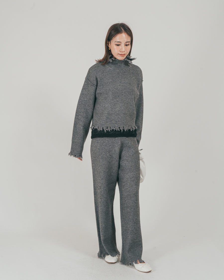 ［SET］Nuance Hem ハイネックニット + Nuance Hem ルーズニットパンツ + ストレッチレースシアートップス（3SET）
