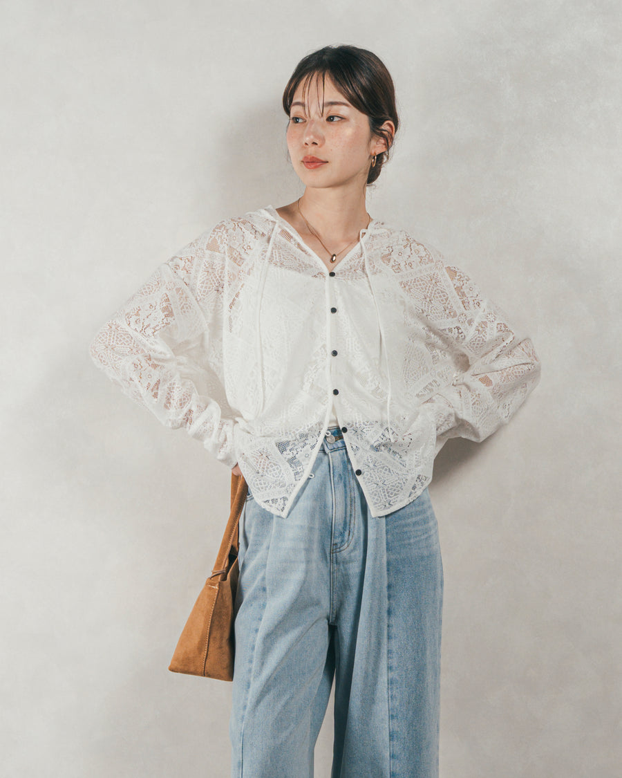 ［SET］Blockレース　フーディーブラウス +Vintageサテン　ハーフパンツ + 10oz ニュアンスバイカラー リラックスワイドデニム（3SET）