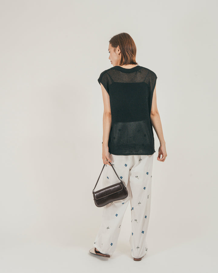 ［SET］ドライタッチ Vネックサマーニットベスト + Flower刺繍リラックスパンツ（2SET）