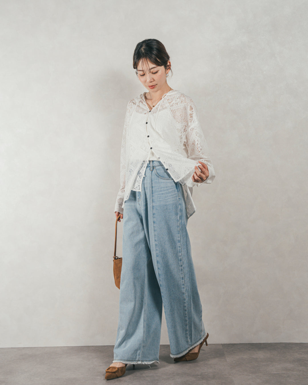 ［SET］Blockレース　フーディーブラウス + 10oz ニュアンスバイカラー リラックスワイドデニム（2SET）