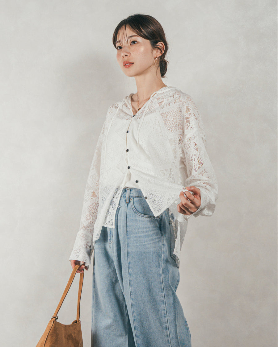 ［SET］Blockレース　フーディーブラウス +Vintageサテン　ハーフパンツ + 10oz ニュアンスバイカラー リラックスワイドデニム（3SET）