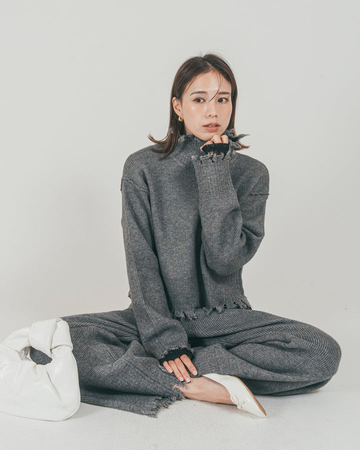 ［SET］Nuance Hem ハイネックニット + Nuance Hem ルーズニットパンツ + ストレッチレースシアートップス（3SET）