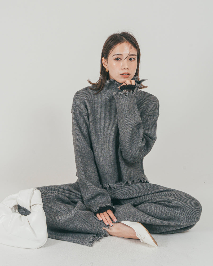 ［SET］Nuance Hem ハイネックニット + Nuance Hem ルーズニットパンツ + ストレッチレースシアートップス（3SET）