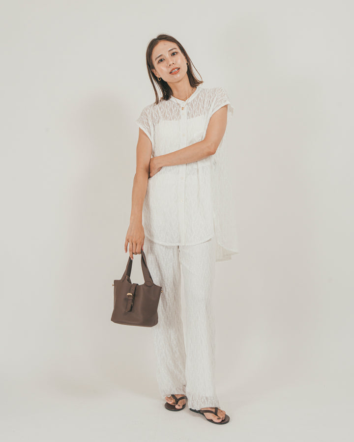 ［SET］ジャガードレース Relaxフレンチスリーブブラウス + ジャガードレース Relaxフレアパンツ + 【接触冷感・UVカット・防臭】カップ付きリブキャミ（3SET）