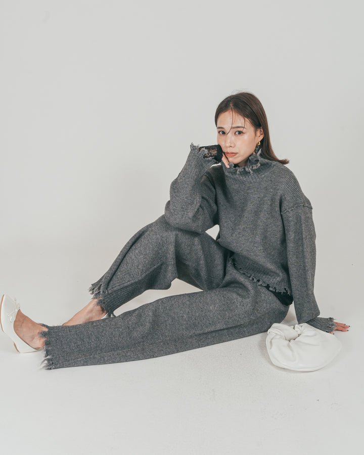 ［SET］Nuance Hem ハイネックニット + Nuance Hem ルーズニットパンツ + ストレッチレースシアートップス（3SET）
