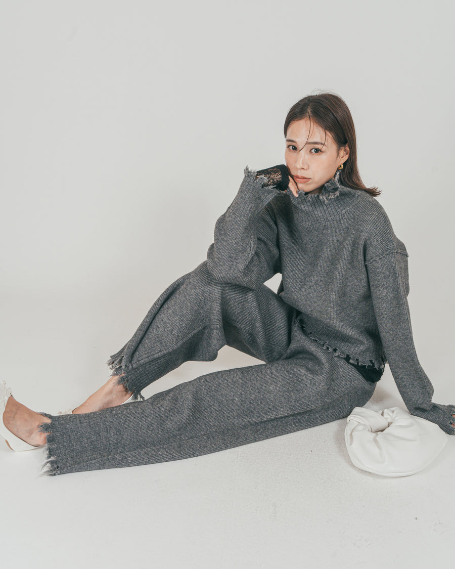 ［SET］Nuance Hem ハイネックニット + Nuance Hem ルーズニットパンツ + ストレッチレースシアートップス（3SET）