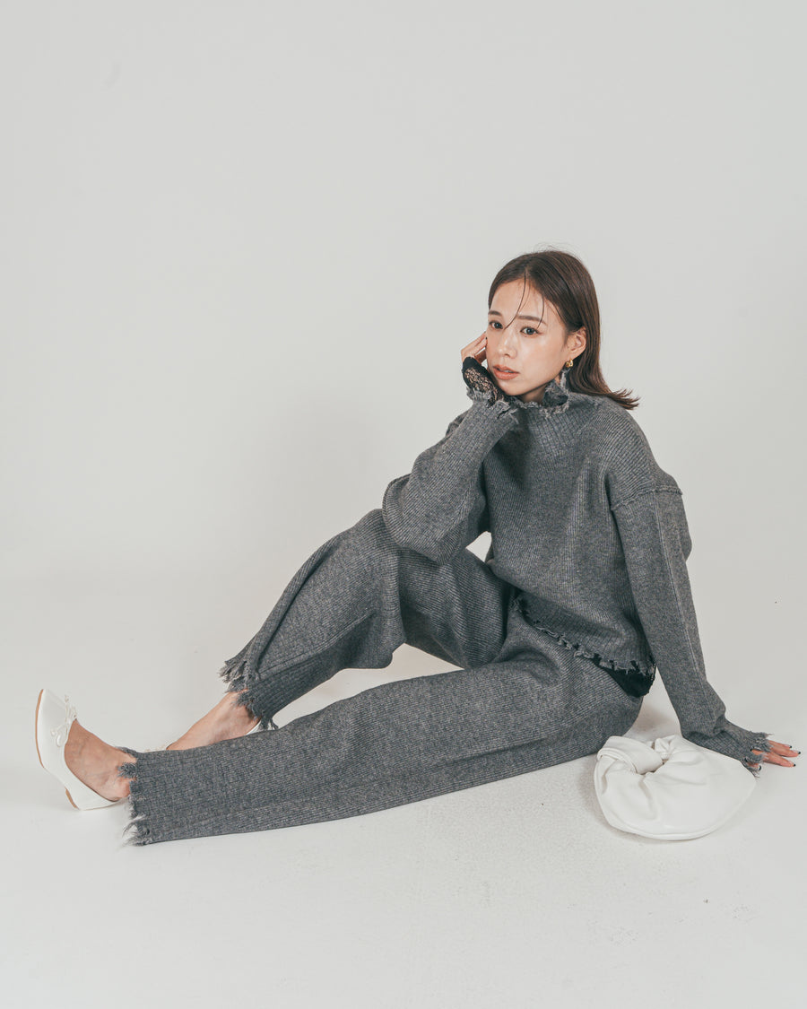 ［SET］Nuance Hem ハイネックニット + Nuance Hem ルーズニットパンツ + ストレッチレースシアートップス（3SET）
