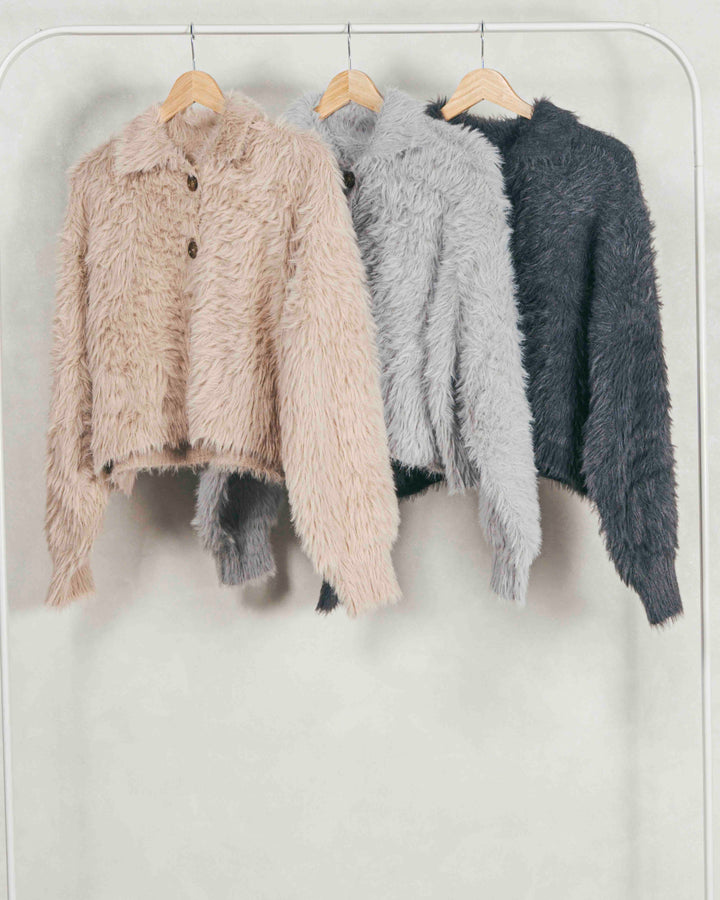 ［SET］フェザーヤーン 衿付きカーディガン+センターシーム リラックスワイドデニム（2SET）