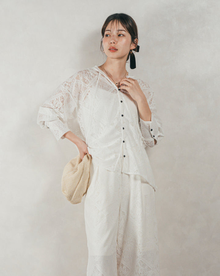 ［SET］Blockレース　フーディーブラウス + Blockレース　ストレートパンツ + デニムライク へリンボーンサロペット（3SET）