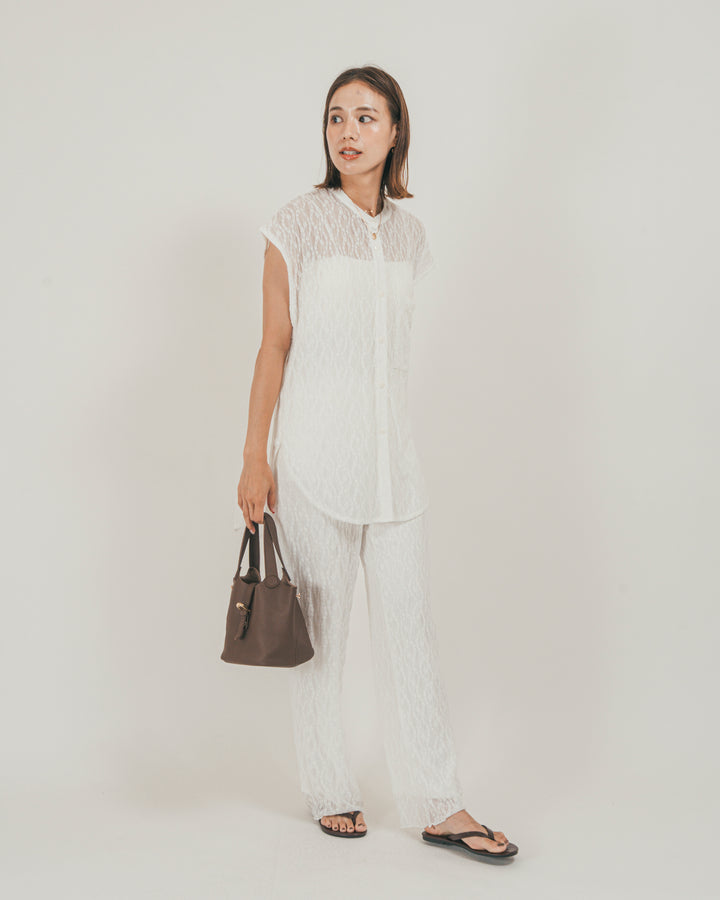 ［SET］ジャガードレース Relaxフレンチスリーブブラウス + ジャガードレース Relaxフレアパンツ + 【接触冷感・UVカット・防臭】カップ付きリブキャミ（3SET）
