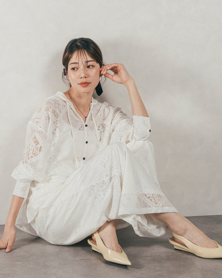 ［SET］Blockレース フーディーブラウス + Blockレース ストレートパンツ（2SET）