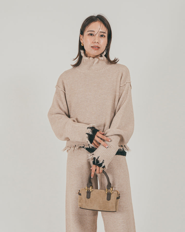 ［SET］Nuance Hem ハイネックニット + Nuance Hem ルーズニットパンツ + ストレッチレースシアートップス（3SET）