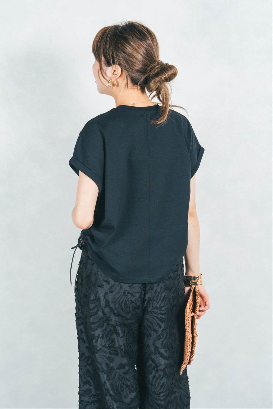 ［SET］［汗ガード］USAコットンサイドギャザーT+フリンジジャガードリラックスパンツ（2SET）