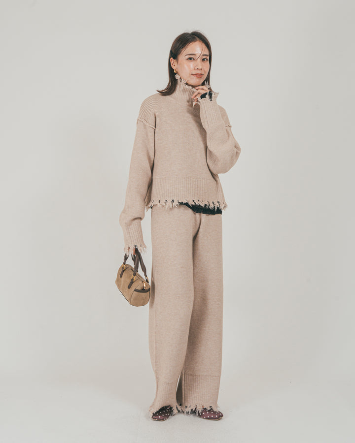 ［SET］Nuance Hem ハイネックニット + Nuance Hem ルーズニットパンツ + ストレッチレースシアートップス（3SET）