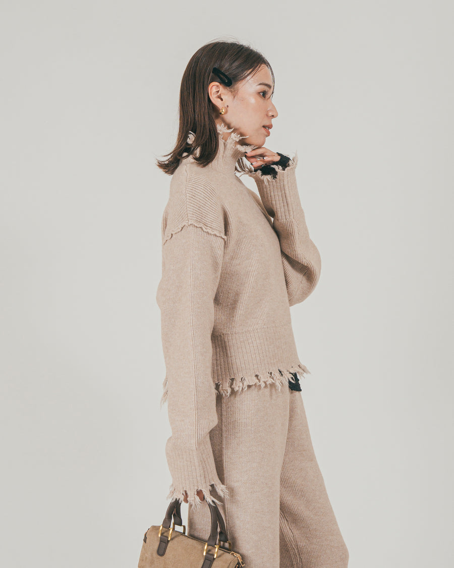 ［SET］Nuance Hem ハイネックニット + Nuance Hem ルーズニットパンツ + ストレッチレースシアートップス（3SET）