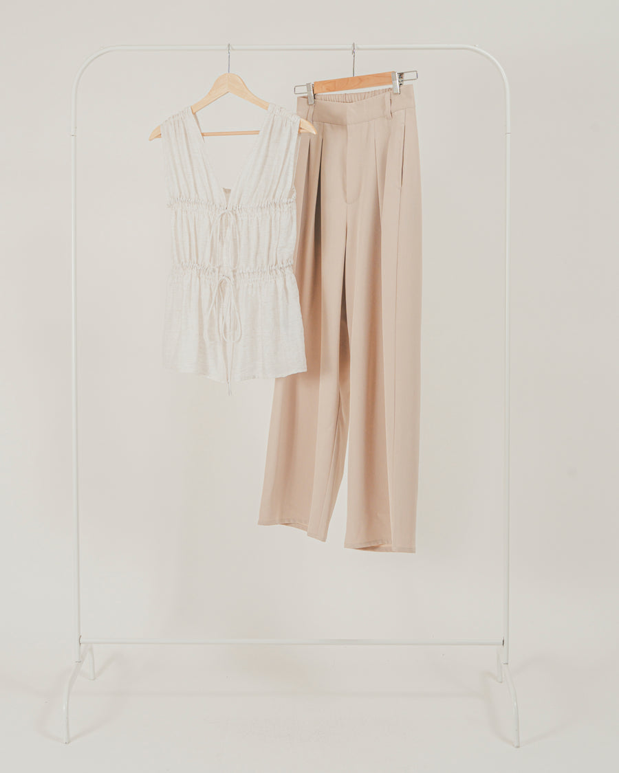 ［SET］リネンタッチShirringリボンブラウス + クレープデシン タックワイドパンツ（2SET）