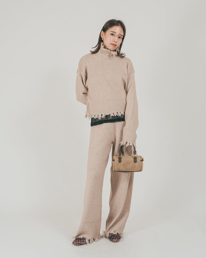 ［SET］Nuance Hem ハイネックニット + Nuance Hem ルーズニットパンツ + ストレッチレースシアートップス（3SET）