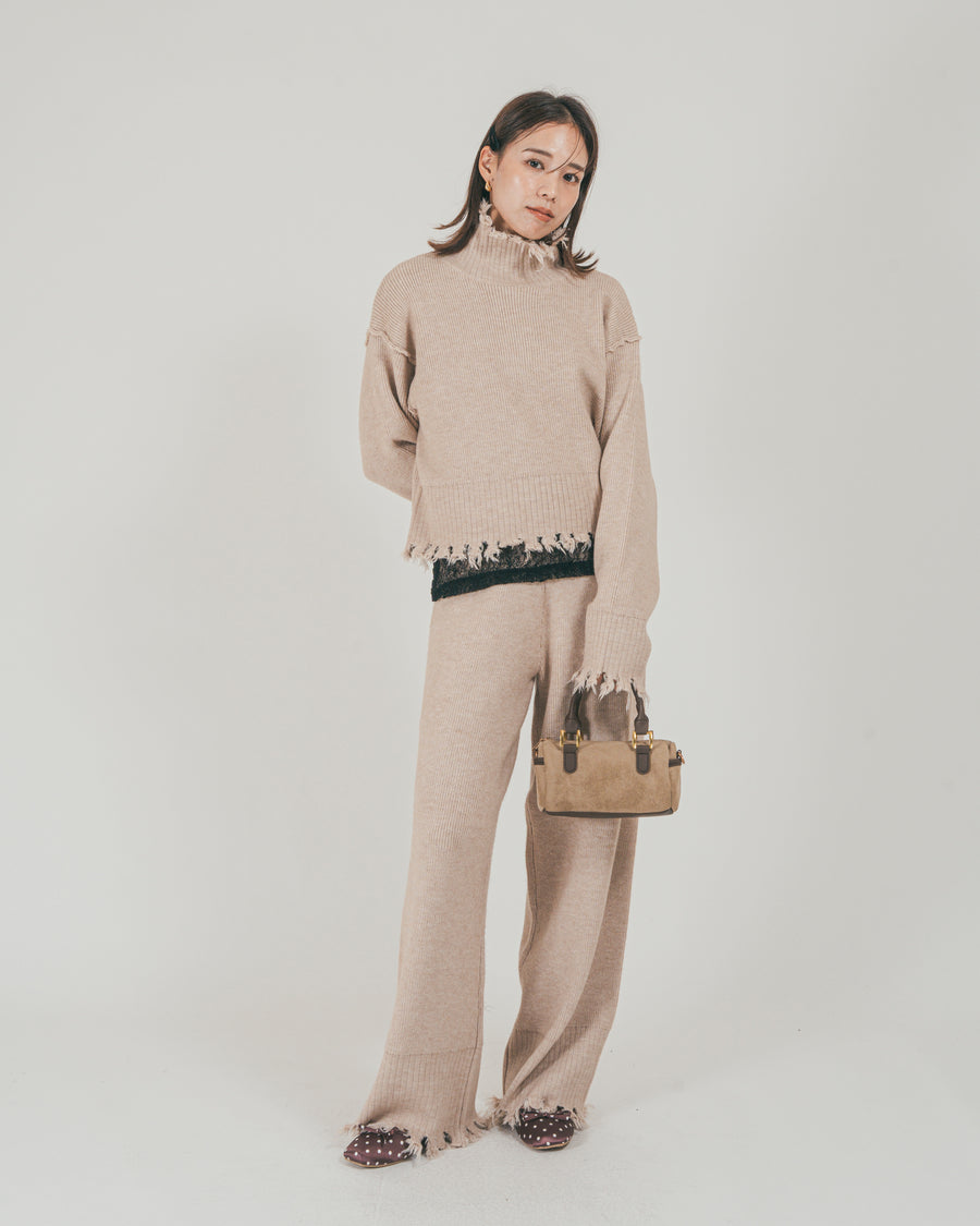 ［SET］Nuance Hem ハイネックニット + Nuance Hem ルーズニットパンツ + ストレッチレースシアートップス（3SET）
