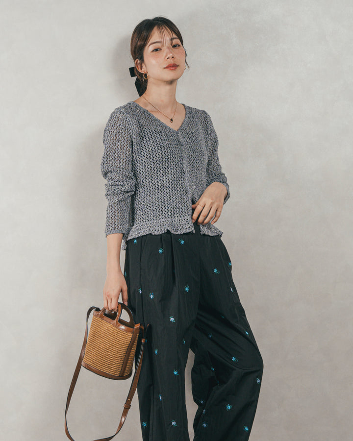 ［SET］Mixメッシュ Vネックカーデ + Flower刺繍　タックパンツ（2SET）