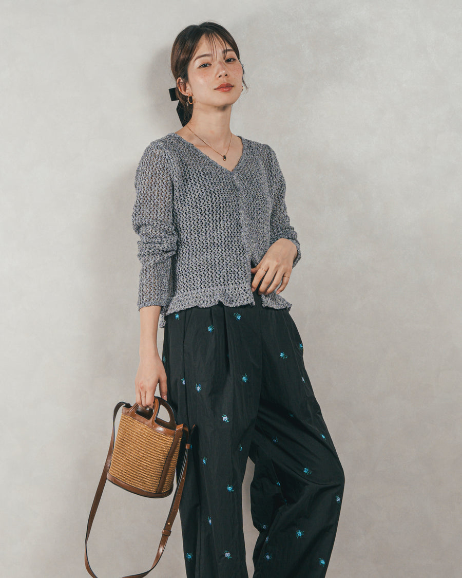 ［SET］Mixメッシュ Vネックカーデ + Flower刺繍　タックパンツ（2SET）