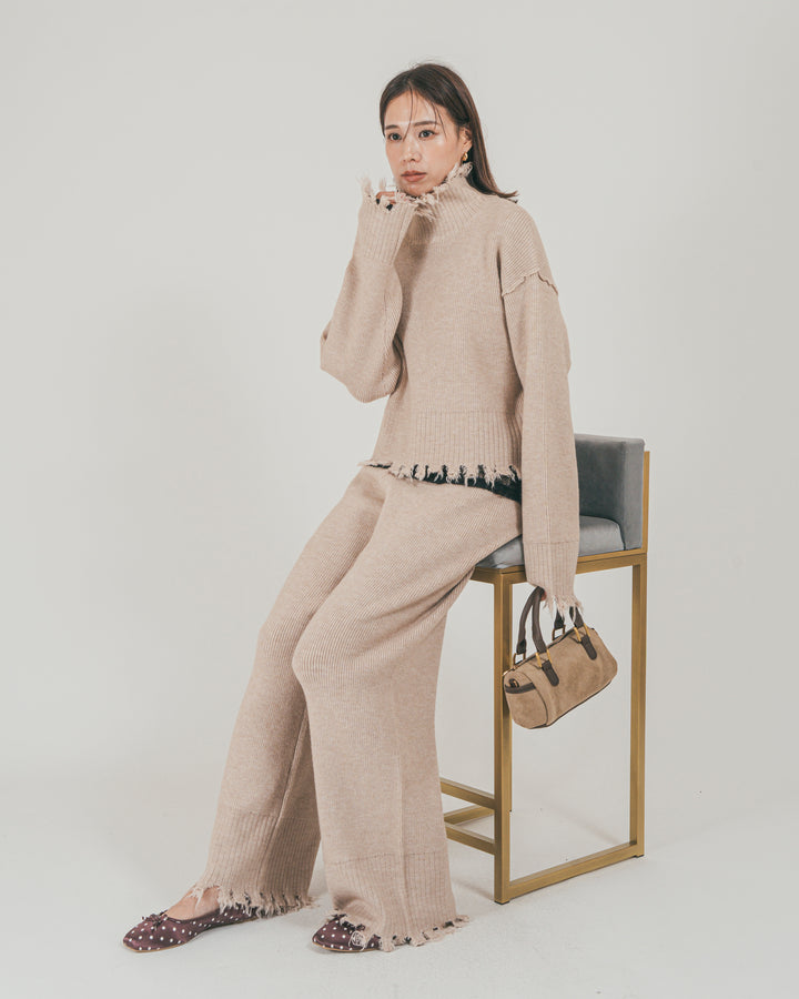 ［SET］Nuance Hem ハイネックニット + Nuance Hem ルーズニットパンツ + ストレッチレースシアートップス（3SET）