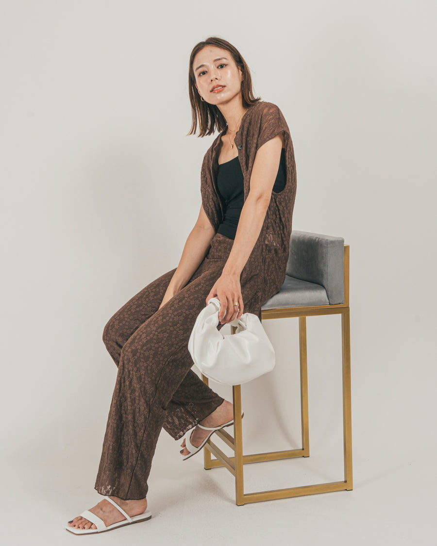 ［SET］ジャガードレース Relaxフレンチスリーブブラウス + ジャガードレース Relaxフレアパンツ + 【接触冷感・UVカット・防臭】カップ付きリブキャミ（3SET）
