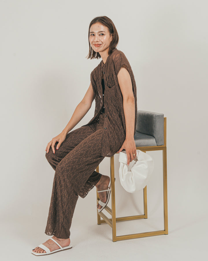 ［SET］ジャガードレース Relaxフレンチスリーブブラウス + ジャガードレース Relaxフレアパンツ + 【接触冷感・UVカット・防臭】カップ付きリブキャミ（3SET）