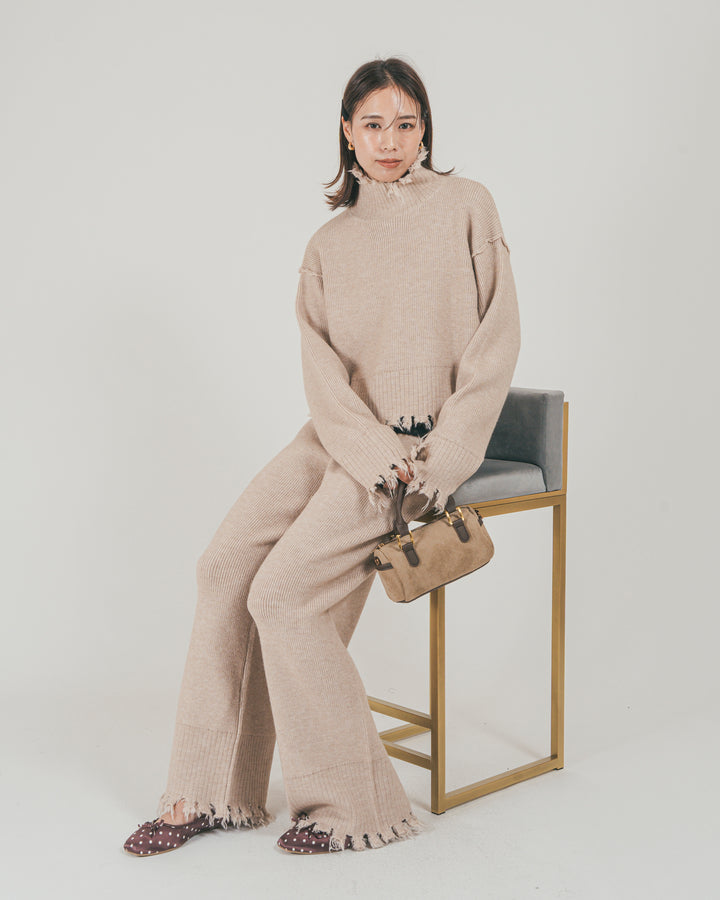 ［SET］Nuance Hem ハイネックニット + Nuance Hem ルーズニットパンツ + ストレッチレースシアートップス（3SET）