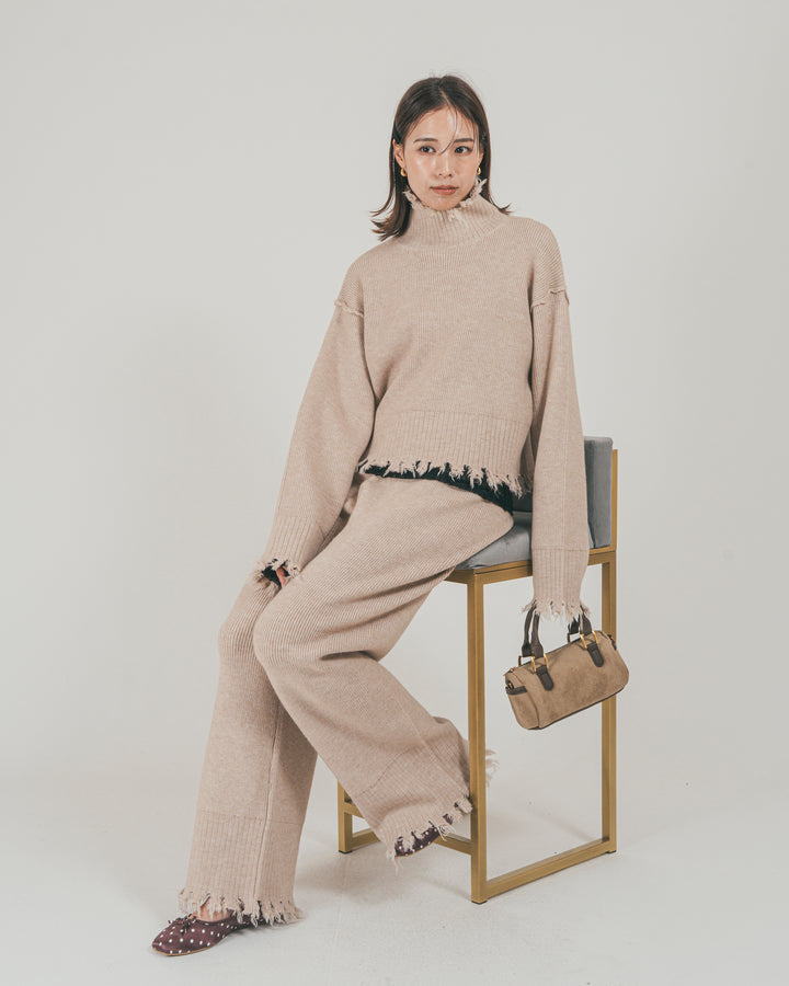 ［SET］Nuance Hem ハイネックニット + Nuance Hem ルーズニットパンツ + ストレッチレースシアートップス（3SET）