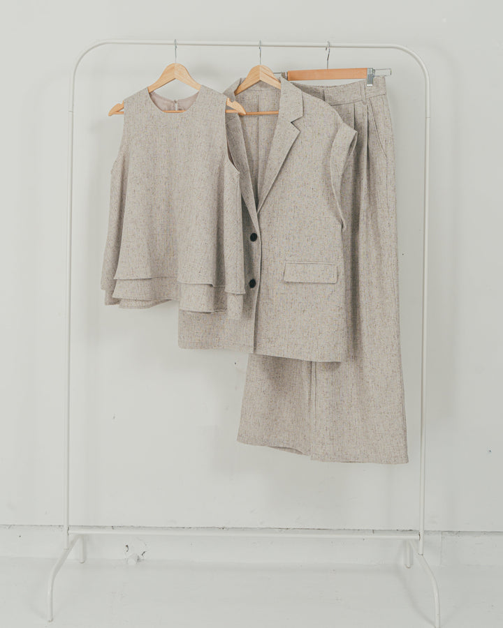 ［SET］Tweedノースリティアードタンクトップ + Tweedテイラードジレ + Tweedダブルタックパンツ（3SET）
