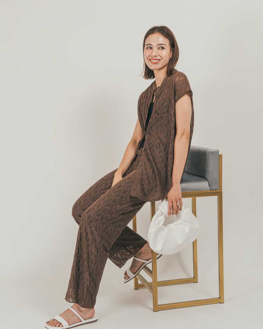 ［SET］ジャガードレース Relaxフレンチスリーブブラウス + ジャガードレース Relaxフレアパンツ + 【接触冷感・UVカット・防臭】カップ付きリブキャミ（3SET）